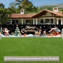 2D Plane - 1 Piece Of 2D Flag. Christmas-Themed Banner Background Fabric, Featuring Santa Claus, Christmas Tree, Reindeer, Snowman, Red-Roofed Cottage, Etc. Classic Christmas Scenes. No Power Supply Required. - View 3