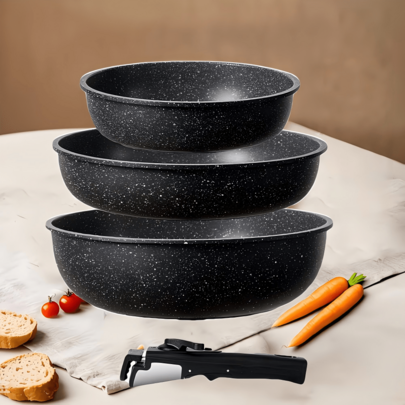 Juego de 4 piezas de utensilios de cocina antiadherentes, juego de sartenes apilables con mango desmontable y espátula de cuchara, juego de ollas y sartenes antiadherentes para estufas de gas, eléctricas e de inducción, apto para lavavajillas y horno