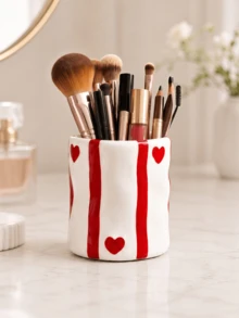 1件手繪條紋愛心化妝刷架，可愛桌面化妝品收納杯，適用於化妝刷、口紅與美容工具，梳妝台裝飾禮物 - C - 查看 8