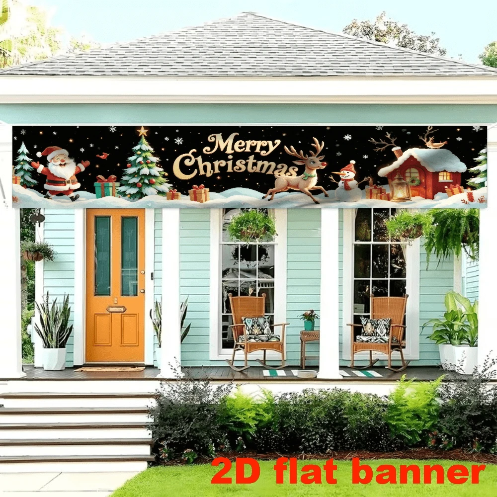 2D Plane - 1 Piece Of 2D Flag. Christmas-Themed Banner Background Fabric, Featuring Santa Claus, Christmas Tree, Reindeer, Snowman, Red-Roofed Cottage, Etc. Classic Christmas Scenes. No Power Supply Required.