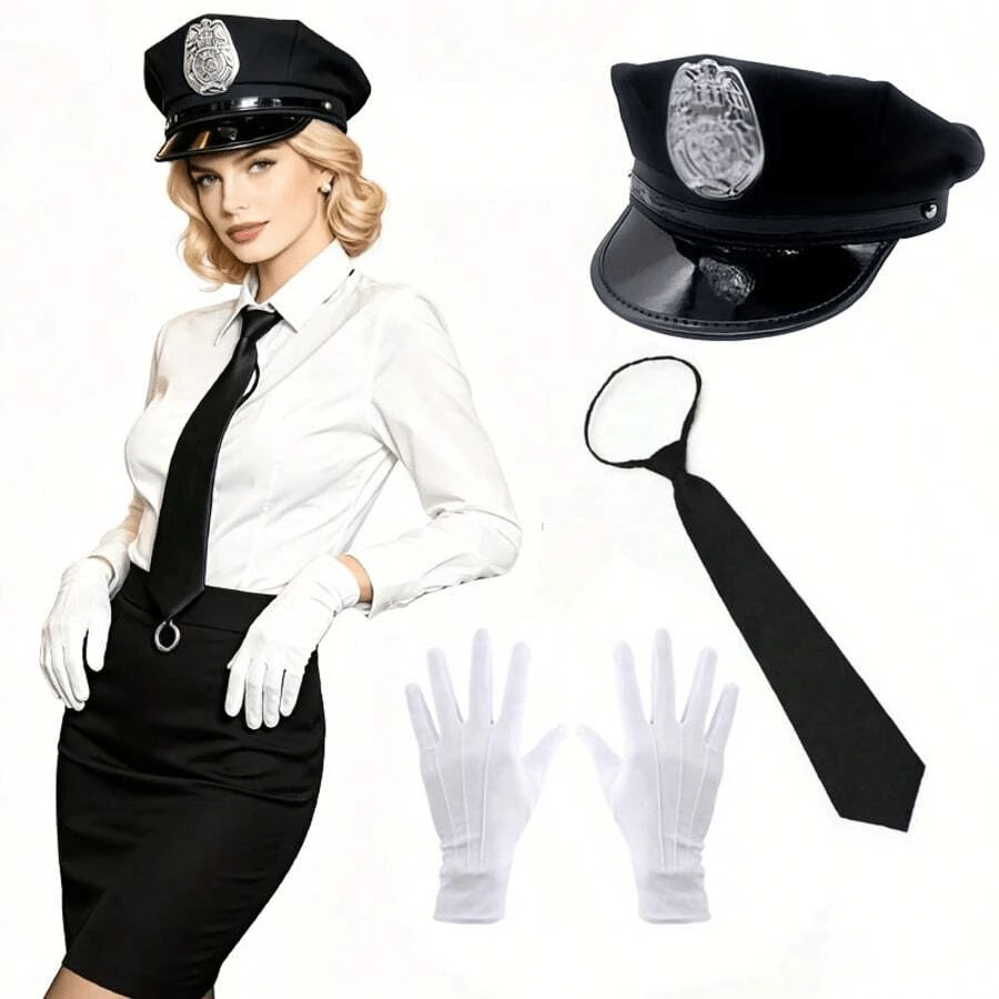 4pcs Police Officer Hat Costume Accessory Set, Fun Party Outfit, Includes Hat, Tie, Gloves, Unisex, Suitable For Halloween Cosplay, Carnival, Masquerade, Theme Party, Role Play, Masked Ball And Other Occasions. Solid Color Polyester - Multicolor - View 1