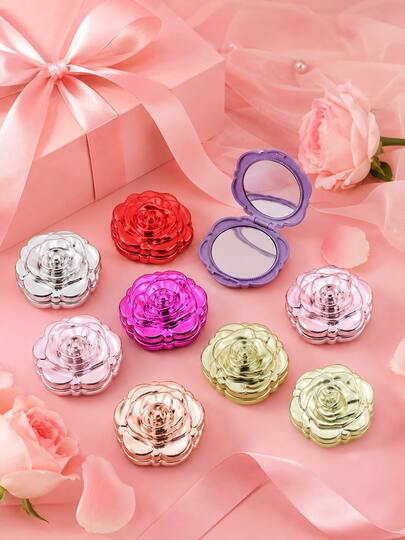 1 Pc Embossed Rose Portable Double-Sided Compact Mirror, Polished Metal Lightweight Space-Saving Makeup Mirror, Niche Gentle Atmosphere Style, Low Saturation Macaron Metallic Glossy Color, 3D Stereoscopic Rose Flower Design, Thickened Adjustable Hinge Magnifying High-Definition Dual Mirror, Bag Accessory Mirror