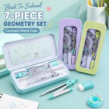7-Piece Geometric Tool Set With Metal Pencil Case, Portable Math Tool Kit Including Compass, Ruler, Protractor, Triangle Ruler, Suitable For Students Back To School Supplies - Sets - View 4