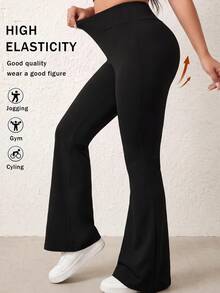 Plus Size Women's High Waist Flare Yoga Pants, Elegant Slimming Waist-Cinched Fashion Flare Leggings, Elastic Fabric, Soft And Non-Sheer Black - Black - View 6