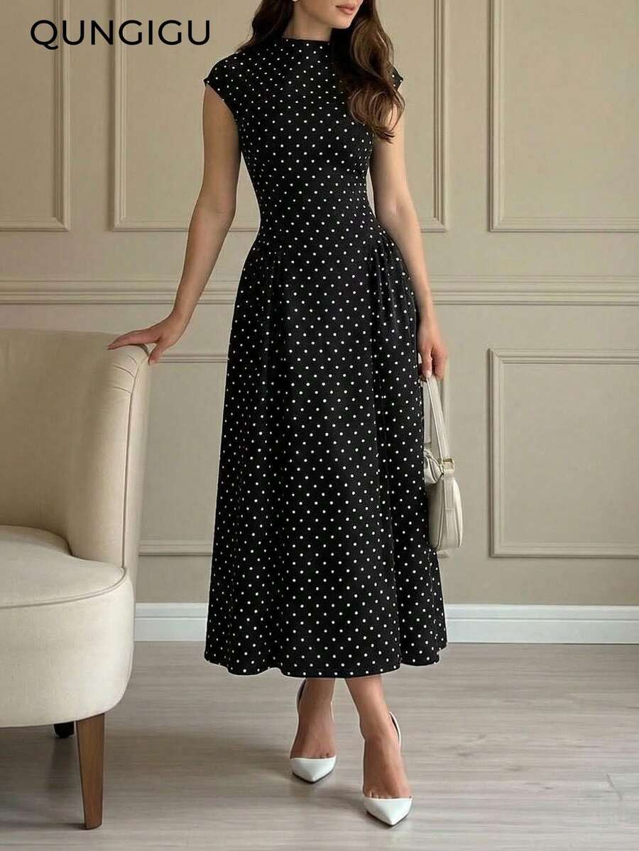 QUNGIGU 女款波點長洋裝復古小飛袖優雅長裙,白色洋裝,女款優雅洋裝,派對優雅洋裝 - 黑色 - 查看 1