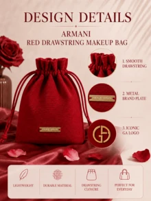 Giorgio Armani Armani Red Drawstring Makeup Bag, Fabric Material, Metal Nameplate, Drawstring Closure Design, Storage For Makeup And Jewelry, Portable Storage, Suitable For Gifting And Personal Use - Burgundy - View 6