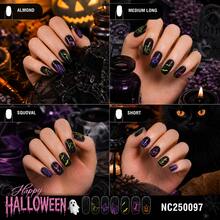 Adesivos de Unha em Gel Semi-Curados Showyboo 20 Peças, Base Preta de Halloween com Estampa de Abóbora Neon, Morcego, Fantasma, Letra Boo, Cobertura Total, Arte de Unhas para Jogos de Mistério, Salas de Escape, Comic Con, Festa de Feriado - Multicolorido - Visão 3