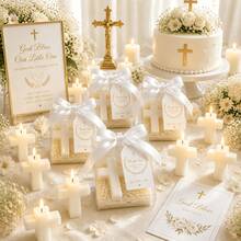 10 Sets/5 Sets/1 Set Baby Baptism Favor Gift Set, Includes Cross Candle, Gift Box, Thank You Card And White Ribbon, Baby Baptism Celebration Party Favor, Religious Commemorative Gift, First Communion Gift - Multicolor - View 2