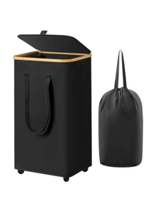Bamboo Laundry Basket With Lid And Wheels, Includes Detachable Inner Laundry Bag, Slim Design With Lid, Freestanding Rectangular Corner Storage Basket, Multi-Functional Home Storage Basket, Storage Box With Lid - Side Handles, Foldable Design, Bamboo Reinforced, Suitable For Bedroom, Bathroom, Laundry Room, Dormitory, Etc. - Multicolor - View 21