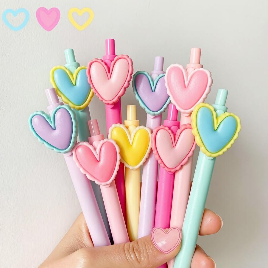 12/6pcs Macaron Color Heart-Shaped Retractable Ballpoint Pens, 0.5mm Tip, Black Ink, Elegant Heart Design, Suitable For Journaling (Random Style) - Round - View 1