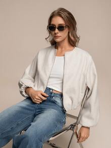 HZXVIC Women's Solid Color Ribbed Zipper Pocket Casual Soft Bomber Jacket, Autumn - بيج - مشاهدة 5