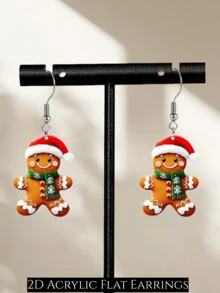 2D Flat Christmas Hat Gingerbread Man Acrylic Earrings, Cute Winter Christmas Women's Dangle Earrings, Exquisite Christmas Gift - Gingerbread Man - View 2