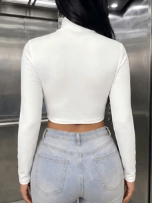 Women's Casual Fleece High Neck Slim Fit Cropped Long Sleeve T-Shirt, Suitable For Daily Wear, Warm And Not Bulky In Autumn/Winter, Winter Outfit - White - View 7