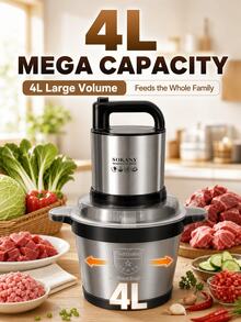 1pc Stainless Steel Bowl Electric Kitchen Chopper, Multi-Function Chopper 2-Speed, With 4 Blades Can Chop Meat, Onion, Fruit, Vegetable, Sokany - Black - View 1