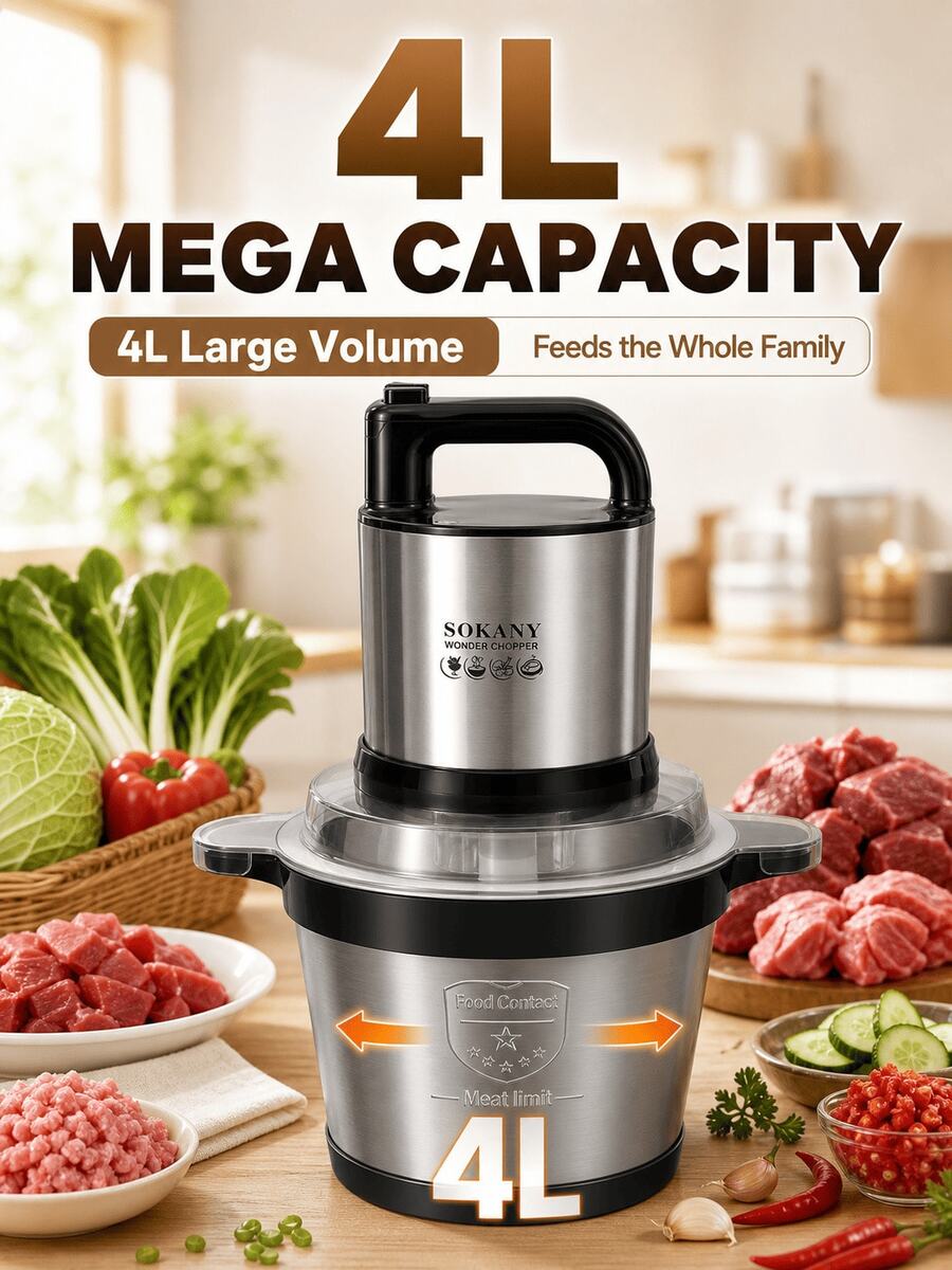 1pc Stainless Steel Bowl Electric Kitchen Chopper, Multi-Function Chopper 2-Speed, With 4 Blades Can Chop Meat, Onion, Fruit, Vegetable, Sokany - Black - View 1