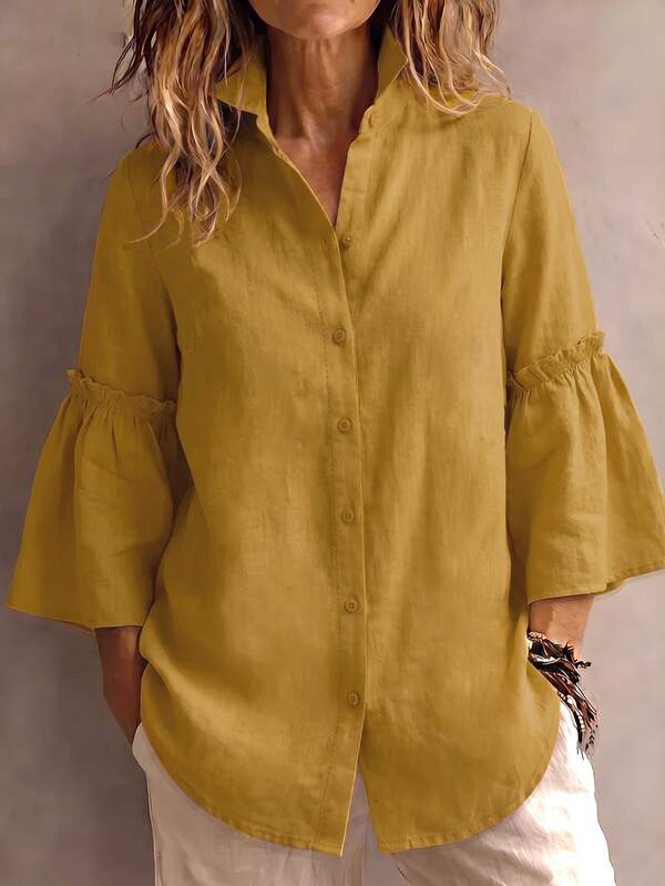 Women's Vintage Yellow Polyester Button-Up Shirt, Ruffle Long Sleeve Collar, Regular Length, Suitable For Autumn Wear