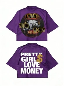 Fly "I Want Your Money" Hip-Hop Flow T-Shirt Pure Cotton Double-Sided Printed T-Shirt, Suitable For Men And Women,Top Pick Gift For Summer Casual Tees - 紫色 - 查看 10