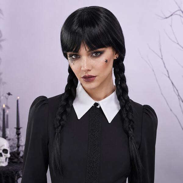 Women's Gothic Style Black Long Braided Hair With Bangs Wig, Synthetic Fiber Long Straight Hair Double Braids Ponytail Cosplay Wig, Suitable For Halloween Cosplay Party, Anime Theme Costume Or Daily Wear