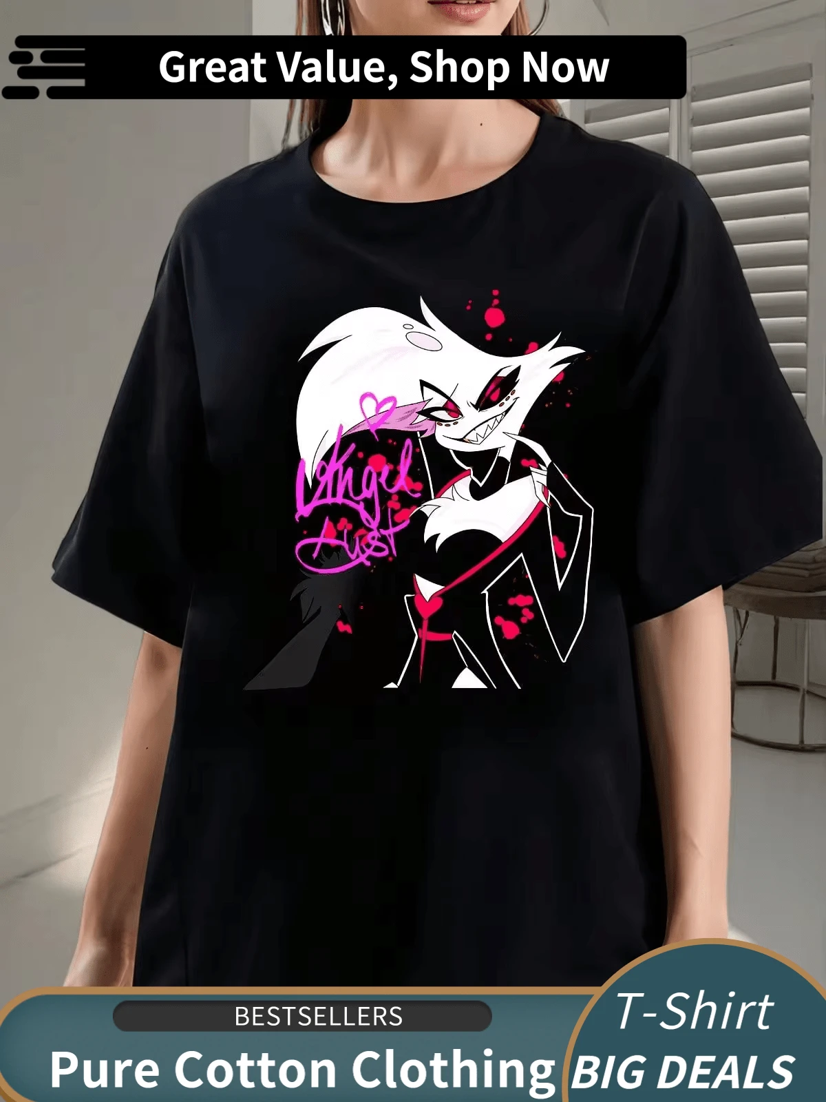 T-shirt Gráfica Signature Angel Dust Rosa, Manga Curta, Gola Redonda ...