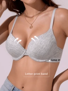 Women's Letter Print Underwire Deep V Push-Up Bra, Adjustable Spaghetti Strap Minimalist Everyday Style - Grey - View 3