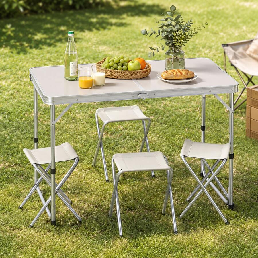 Folding Camping Picnic Table, Adjustable, 1.20m, Portable, With 4 Chairs - Silver - View 1