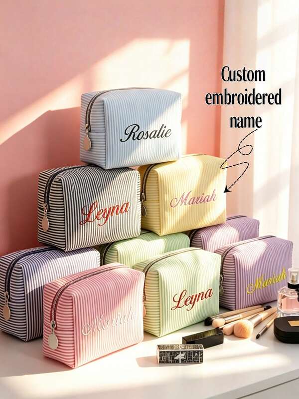 Customized Personalized Embroidered Name & Letter Makeup Bag, Large Capacity Multifunctional Travel Cosmetic Organizer, Can Store Skincare, Toiletries, Lip Oil, Nail Polish And Small Jewelry, Suitable For Home Storage And Travel Use. Perfect For Cruise Trips, Dorm Life, Suitcase Organization And More. Ideal Gift Choice, Can Be Used As Bridesmaid Wedding Favor, Mother's Day Gift, Birthday Present, Suitable For Mom, Friends And Teachers, Practical And Versatile, A Must-Have For Daily And Festive Occasions.