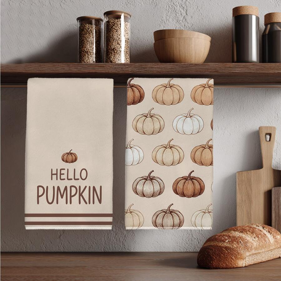 2件組極簡秋季棕色南瓜 Hello Pumpkin 文字廚房抹布,40*60cm 柔軟微纖維材質茶巾,適用於居家廚房、餐廳、戶外露營桌面清潔,洗碗布手巾配件,節日禮物 - 彩色 - 查看 1