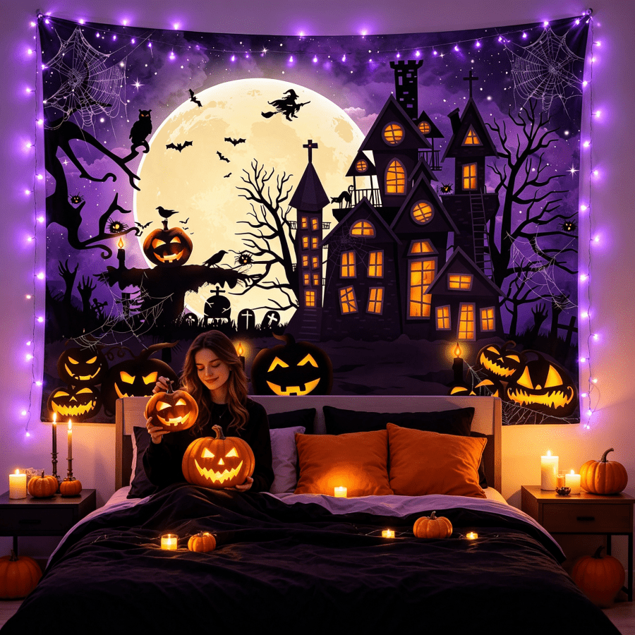 1PC Halloween Haunted Castle Themed Horizontal Tapestry (With Silver Metal Grommets) Featuring Witches, Bats, Jack-O'-Lanterns, Spiderwebs, And A Scarecrow; Made Of Polyester, Suitable For Halloween Parties, Bedrooms, Dorms, And Gothic-Style Decor.