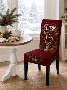 1pc Christmas Dining Chair Cover Jingle All The Way Deer Printed Stretch Chair Slipcover, Removable Washable Chair Protector For Dining Room Holiday Party Home Decor - Multicolor - View 3