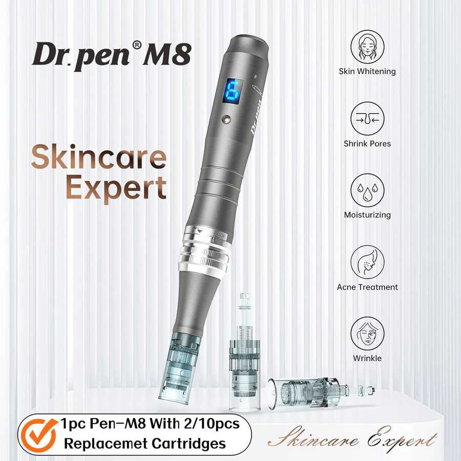 Dr.Pen M8 微針美容筆，適用於臉部與身體，無線微針美容筆附數位顯示螢幕/針頭/收納盒，男女通用，微針滾輪筆，USB充電，護膚工具組，居家必備，打造水潤亮澤肌膚，Dermapen 微針美容筆，電動微針美容筆附LCD顯示螢幕與針頭，USB充電器，電動美容筆，380mAh，更新刻度標記，兩個版本隨機發送，包含2/10個替換針頭