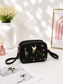 Classic Embroidered Crossbody Bag, Butterfly Metal Decor Zipper Wallet, Faux Leather Shoulder Bag For Girls - Black - View 5