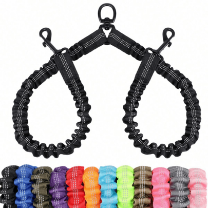 1pc 360° Swivel Anti-Tangle Dual Dog Leash Training Rope, Comfortable Shock-Absorbing Reflective Elastic Rope For Easy Walking 2 Dogs