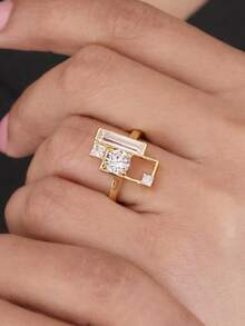 1pc Creative 14K Gold Plated Hollow Circle Geometric Square Four-Prong Round Couple Ring For Men And Women, Suitable For Daily Commute, Party, Christmas, Perfect Gift Jewelry - White and Yellow - View 6