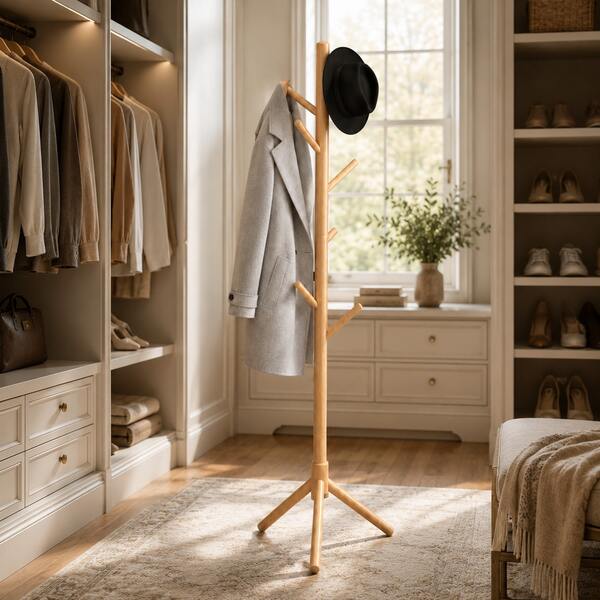 Perchero independiente en forma de árbol, robusto soporte para ropa de entrada con múltiples ganchos para sombrero, bufanda y bolso, organizador de almacenamiento para hogar, dormitorio y pasillo, madera blanca, negro opcional
