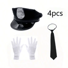 4pcs Police Officer Hat Costume Accessory Set, Fun Party Outfit, Includes Hat, Tie, Gloves, Unisex, Suitable For Halloween Cosplay, Carnival, Masquerade, Theme Party, Role Play, Masked Ball And Other Occasions. Solid Color Polyester - Multicolor - View 3