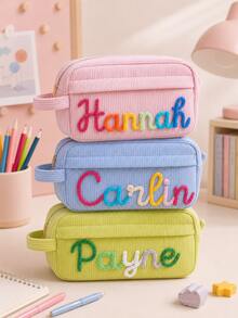 Customized Name Corduroy Pencil Case, Striped Large Capacity Handmade Pencil Box, Personalized Corduroy Storage Bag, Back To School Gift, Birthday And Special Occasion Gift For Him/Her - Multicolor - View 2