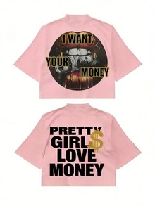 Fly "I Want Your Money" Hip-Hop Flow T-Shirt Pure Cotton Double-Sided Printed T-Shirt, Suitable For Men And Women,Top Pick Gift For Summer Casual Tees - 粉色 - 查看 8