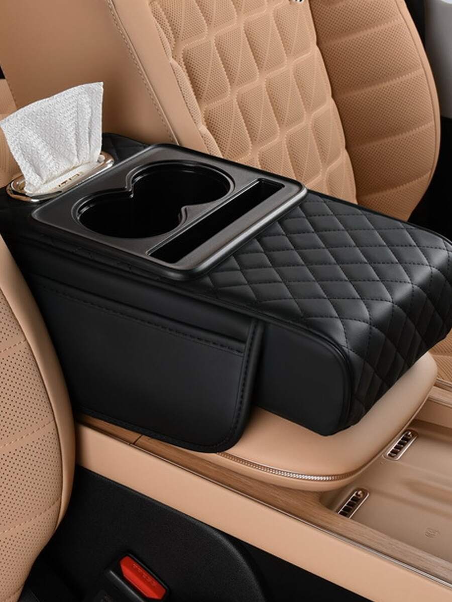 1pc Multifunctional Car Armrest Organizer Pad With Cup Holder, Tissue Slot, Phone Slot And 2 Side Storage Pockets, Universal Car Armrest Box Organizer, Suitable For Most Car Models, Can Hold Water Bottle, Cards, Phone - Multicolor - View 1
