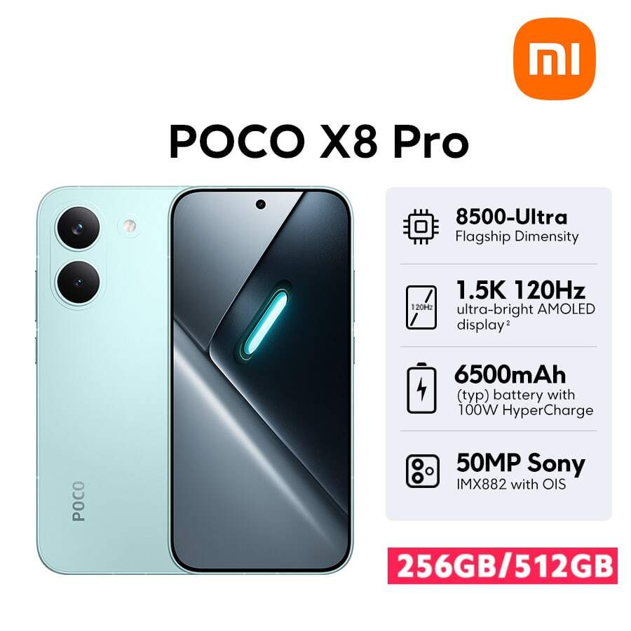 Xiaomi POCO X8 Pro 5G 智慧型手機，NFC，搭載 Xiaomi HyperOS 3，金屬機身，旗艦品質，Dimensity 8500 超強八核心 CPU 最高 3.4GHz，LPDDR5X+UFS 4.1，6500mAh 大電池支援 100W HyperCharge，反向充電最高 27W，PD3.0/PD2.0，5.59" 2756 X 1268 1.5K 120Hz 超亮 AMOLED 螢幕，50MP Sony IMX882 主相機配備 OIS，IP68 防塵防水，藍牙 6.0