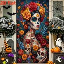 1 pieza Tela de fondo estilo pintura al óleo del Día de Muertos mexicano, tela colgante con decoración floral de mujer calavera de azúcar, cortina vertical para puerta de fiesta del Día de Muertos, decoraciones de Halloween de no muertos - A - Ver 3