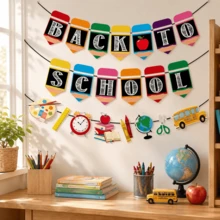 Ensemble de bannières de rentrée scolaire, guirlande de découpes de crayons colorés et de fournitures scolaires, bannière suspendue en tissu non tissé pour la salle de classe, fête du premier jour d'école, décoration de bienvenue - Voir 3