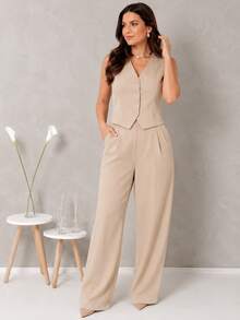 Tailored Suit Set: Vest With Dress Pants, Fashionable. - Caqui - Ver 1