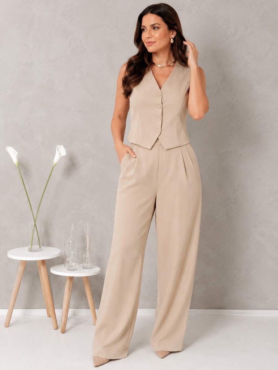 Tailored Suit Set: Vest With Dress Pants, Fashionable. - Caqui - Ver 1