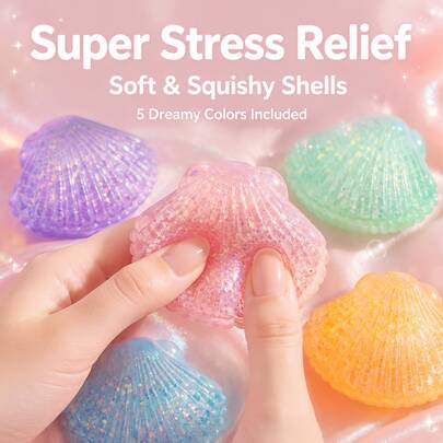 1pc Sequin Shell Squishy Super Elastic Transparent Jelly Stress Toy, 5 Dreamy Macaron Colors, Sensory Anti-Anxiety Decompression Toy, Suitable For Office Desk, Student Classroom, Beach Party, Christmas Holiday, Birthday Healing Gift
