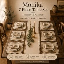 Morlay Monika 7件組純棉餐桌套件，1條桌巾 40x150 cm + 6張餐墊 33x33 cm，鄉村波西米亞風流蘇餐桌裝飾套組 - 奶油白 - 查看 10