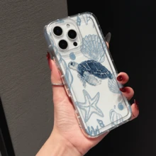 Ocean World Turtle & Shell Pattern Air Cushion Transparent Soft Shockproof Phone Case Protective Cover, Compatible With Apple 11, 12, 13, 14, 12 Pro Max, 13 Pro Max, 15, 15 Pro, 15 Plus, 15 Pro Max, 16, 16 Pro, 16 Plus, 16 Pro Max, 17, 17 Pro, 17 Air, 17 Pro Max, Galaxy S21, S22, S23, S24, S25 Plus, Ultra And Other Phone Models, Perfect Gift For Holidays - Clear - View 2