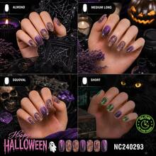 Adesivos de Unha em Gel Semi-Curado Showyboo 20 Peças, Estampa de Teia de Aranha Roxa com Glitter Dourado para Halloween, Cobertura Total, Adequado para Cosplay de Halloween, Jogo de Mistério, Sala de Escape, Passeio na Cidade, Arte de Unhas Diária no Campus - Roxo - Visão 3