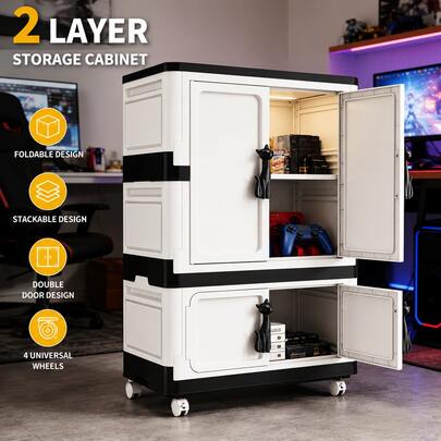 2-Tier Storage Cabinet With Doors, Large Capacity Mobile Organizer With 4 Wheels, Plastic Storage Closet With Cute Cat Handles, Multi-Purpose Cabinet For Bedroom, Gaming Room, Office And Home