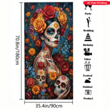 1 pieza Tela de fondo estilo pintura al óleo del Día de Muertos mexicano, tela colgante con decoración floral de mujer calavera de azúcar, cortina vertical para puerta de fiesta del Día de Muertos, decoraciones de Halloween de no muertos - A - Ver 10