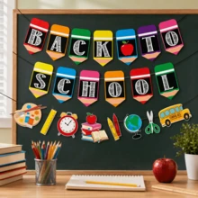 Ensemble de bannières de rentrée scolaire, guirlande de découpes de crayons colorés et de fournitures scolaires, bannière suspendue en tissu non tissé pour la salle de classe, fête du premier jour d'école, décoration de bienvenue - Voir 4